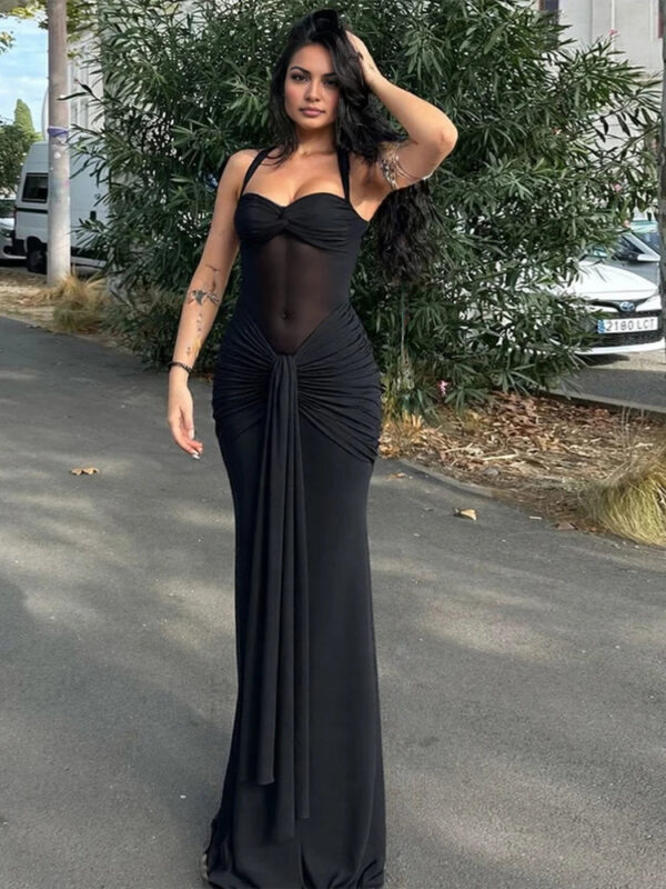 Halter Mesh Patchwork Maxi Dress with Ribbon Detail Halter Mesh Patchwork Maxi Dress with Ribbon Detail