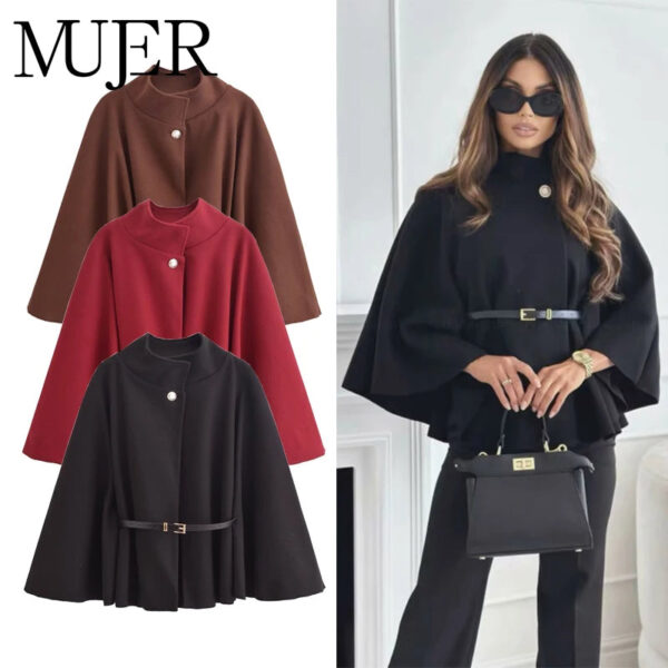 Structured Belted High-Neck Cape Coat