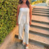 Off-White Satin Strapless Top & High-Waist Straight-Leg Trousers — Two-Piece Set Off-White Satin Strapless Top & High-Waist Straight-Leg Trousers — Two-Piece Set