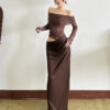 Off-Shoulder Mesh Patchwork Maxi Dress with Ruched Detail