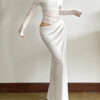 Off-Shoulder Mesh Patchwork Maxi Dress with Ruched Detail