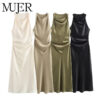 Satin Ruched O-Neck Sleeveless Long Dress