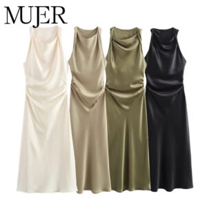Satin Ruched O-Neck Sleeveless Long Dress