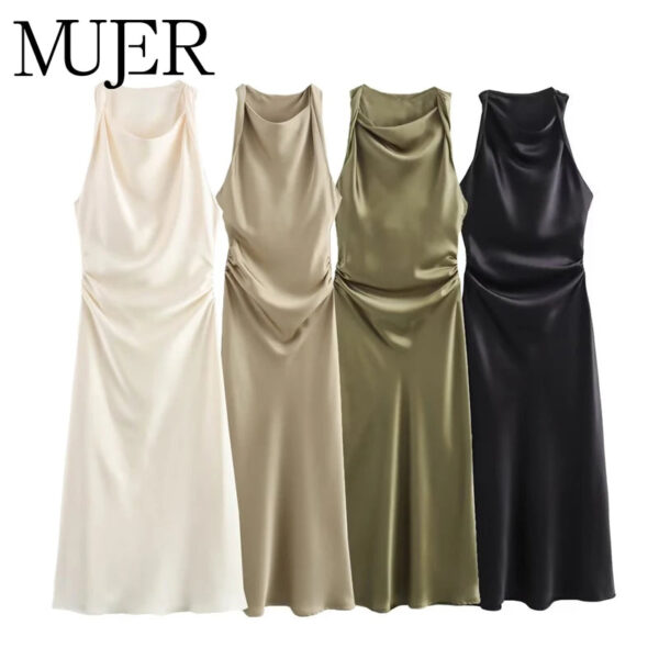 Satin Ruched O-Neck Sleeveless Long Dress