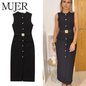 Sleeveless Belted Button-Front Midi Dress