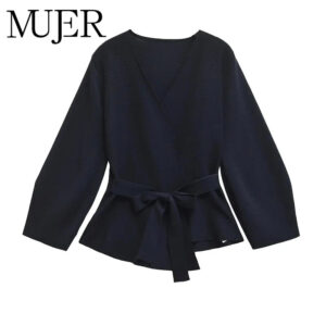 Belted Wrap Knit Blazer with Shoulder Pads Belted Wrap Knit Blazer with Shoulder Pads