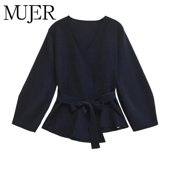 Belted Wrap Knit Blazer with Shoulder Pads Belted Wrap Knit Blazer with Shoulder Pads