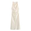 Satin Ruched O-Neck Sleeveless Long Dress