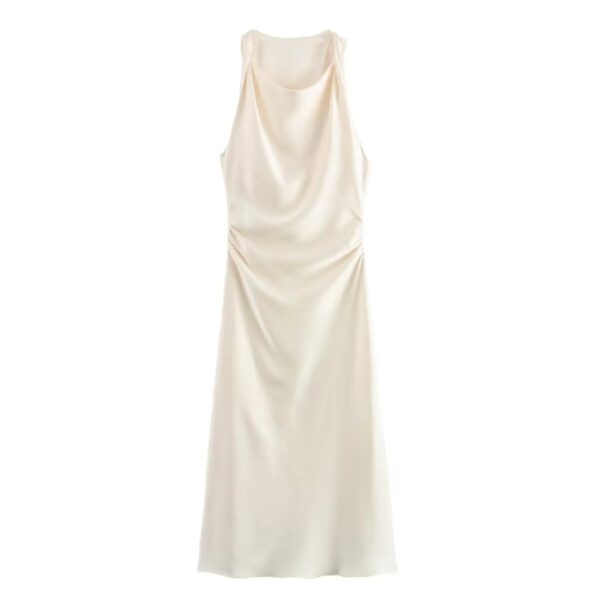 Satin Ruched O-Neck Sleeveless Long Dress