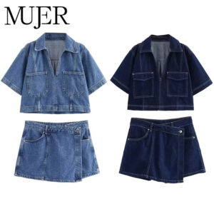 Denim Cropped Shirt and Skort Two-Piece Set Denim Cropped Shirt and Skort Two-Piece Set
