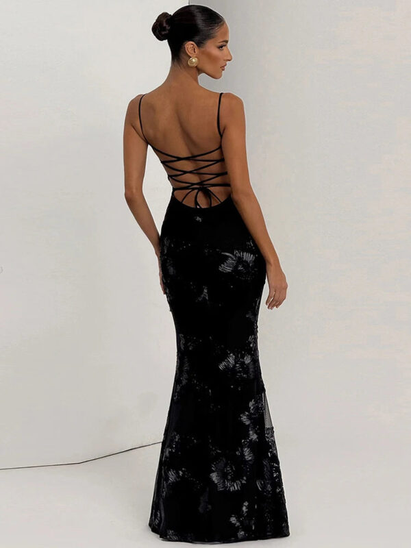 Floral Embroidery V-Neck Backless Maxi Dress