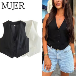 Tailored V-Neck Cropped Vest with Button Detail