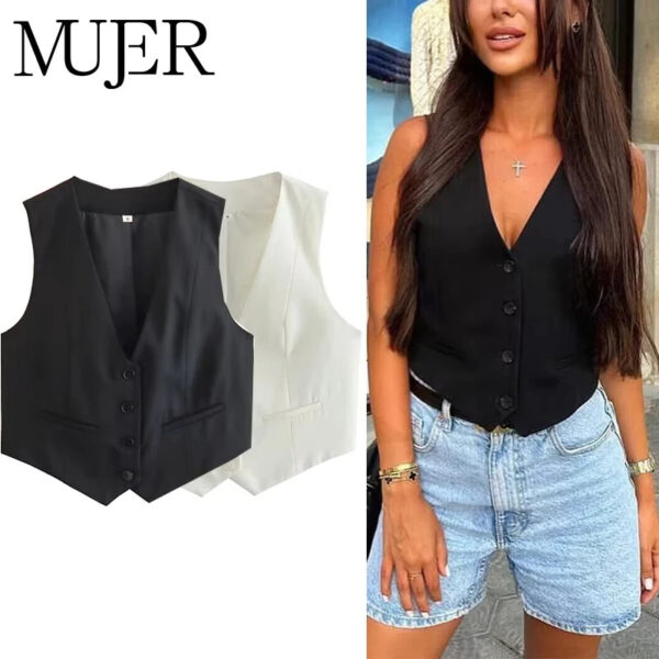 Tailored V-Neck Cropped Vest with Button Detail Tailored V-Neck Cropped Vest with Button Detail