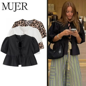 Ruched Crop Blouse with Puff Sleeves and Ruffle Detail