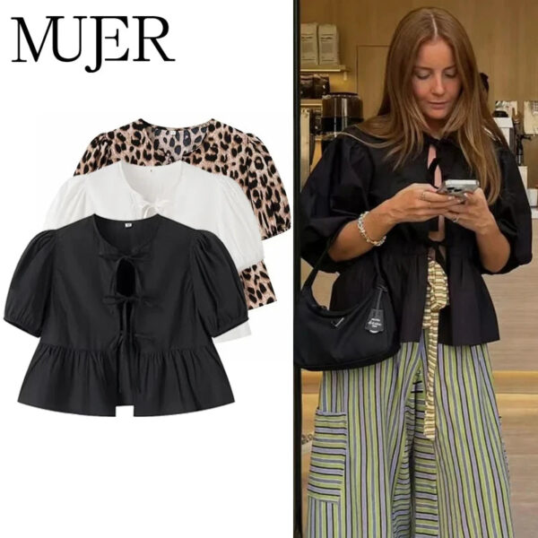 Ruched Crop Blouse with Puff Sleeves and Ruffle Detail Ruched Crop Blouse with Puff Sleeves and Ruffle Detail
