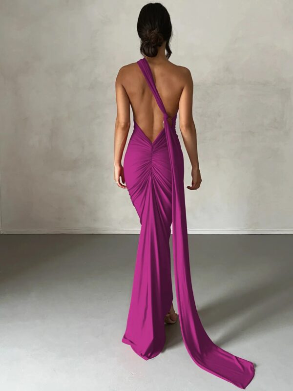One Shoulder Backless Adjustable Scarf Loop Ruched Maxi Dress