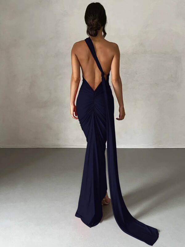 One Shoulder Backless Adjustable Scarf Loop Ruched Maxi Dress