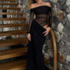 Off-Shoulder Mesh Patchwork Maxi Dress with Ruched Detail