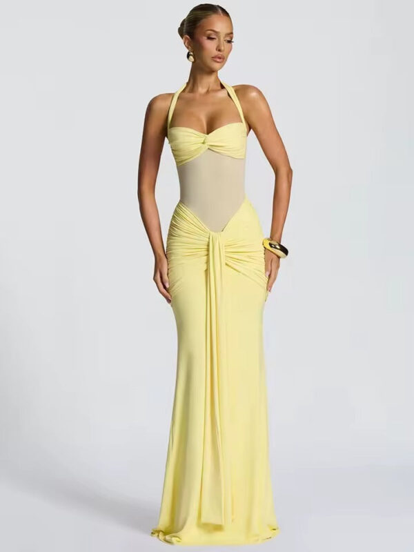Halter Mesh Patchwork Maxi Dress with Ribbon Detail Halter Mesh Patchwork Maxi Dress with Ribbon Detail