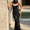 Floral Embroidery V-Neck Backless Maxi Dress