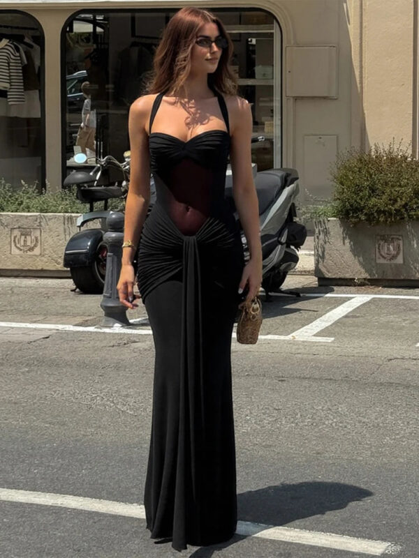 Halter Mesh Patchwork Maxi Dress with Ribbon Detail Halter Mesh Patchwork Maxi Dress with Ribbon Detail