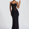 Halter Mesh Patchwork Maxi Dress with Ribbon Detail Halter Mesh Patchwork Maxi Dress with Ribbon Detail
