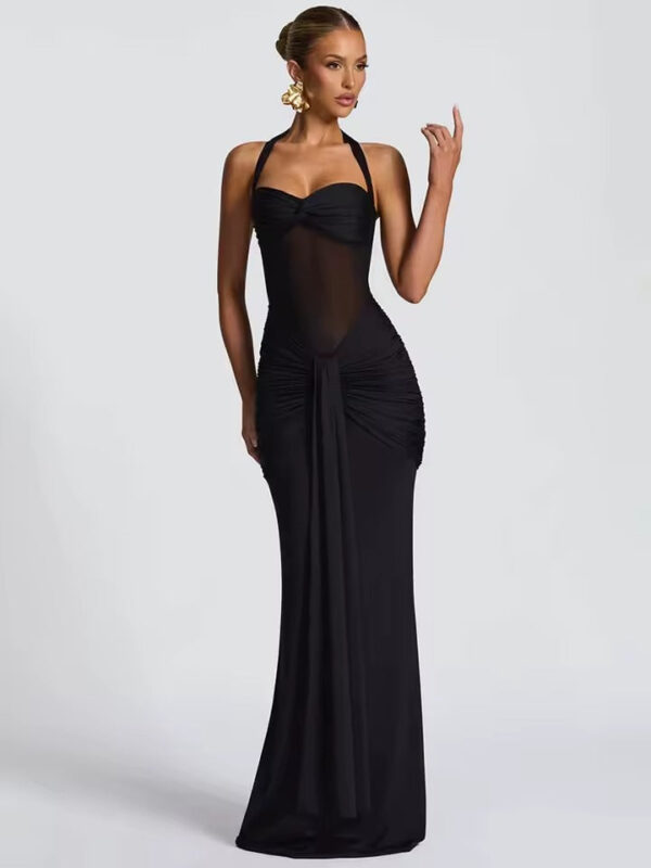 Halter Mesh Patchwork Maxi Dress with Ribbon Detail Halter Mesh Patchwork Maxi Dress with Ribbon Detail