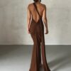 One Shoulder Backless Adjustable Scarf Loop Ruched Maxi Dress