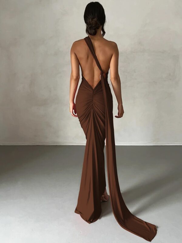 One Shoulder Backless Adjustable Scarf Loop Ruched Maxi Dress