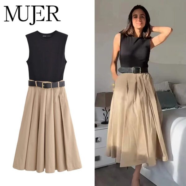 Belted Pleated Sleeveless Midi Dress Belted Pleated Sleeveless Midi Dress