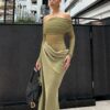 Off-Shoulder Mesh Patchwork Maxi Dress with Ruched Detail