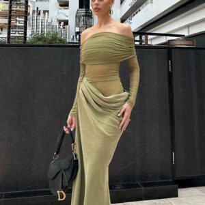 Off-Shoulder Mesh Patchwork Maxi Dress with Ruched Detail Off-Shoulder Mesh Patchwork Maxi Dress with Ruched Detail