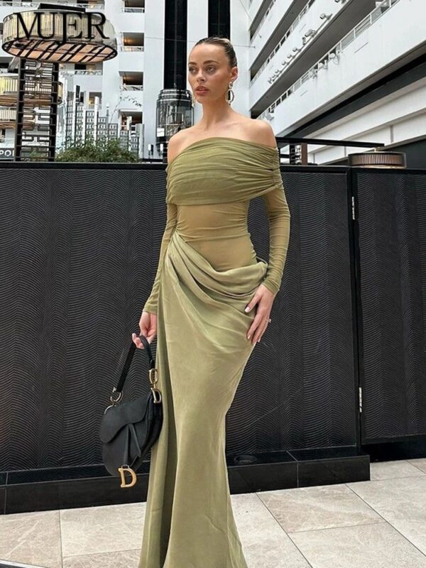 Off-Shoulder Mesh Patchwork Maxi Dress with Ruched Detail