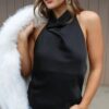 Satin Halter Backless Cami Top in Black