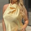 Satin Halter Backless Cami Top in Yellow
