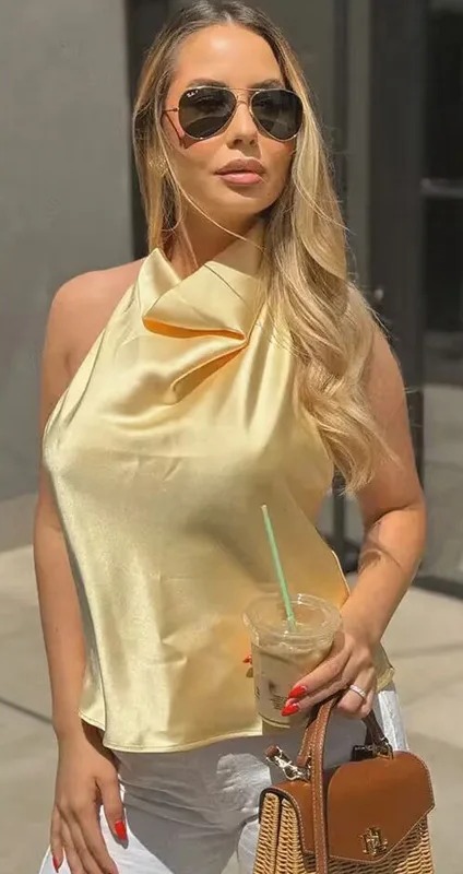 Satin Halter Backless Cami Top in Yellow